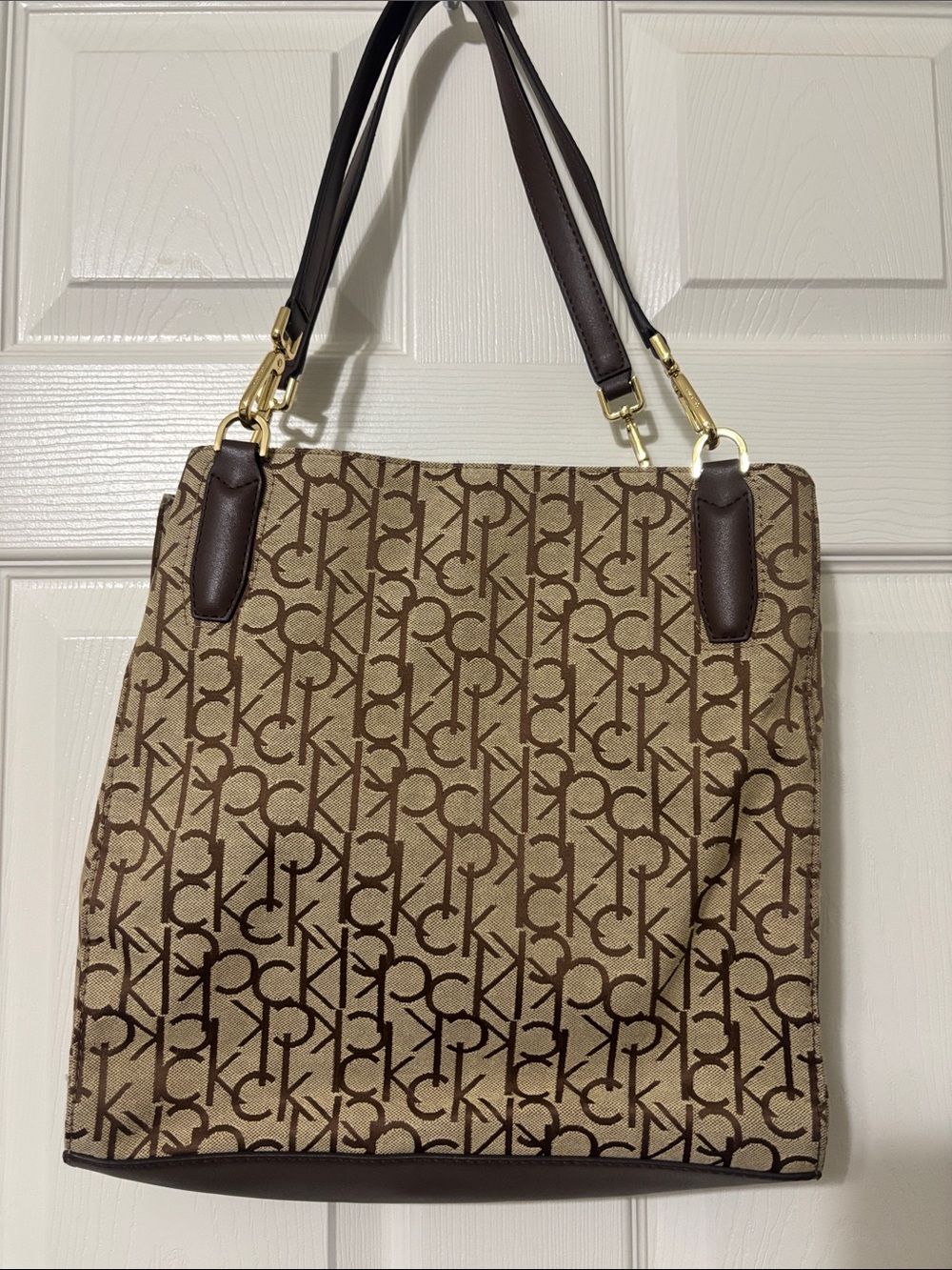 Calvin Klein Elaine Signature Triple Beige and Dark Brown Monogram Tote